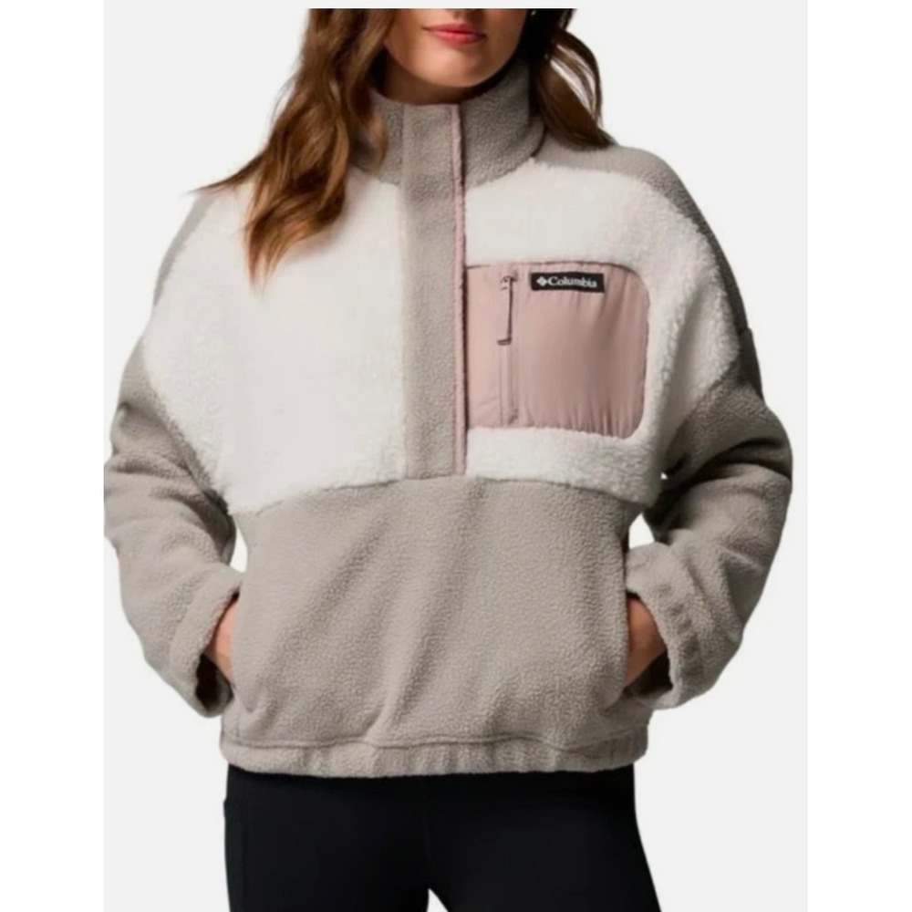 Columbia Sherpa Fleece Pullover Grey White Colorblock Snap Neck Jacket Small